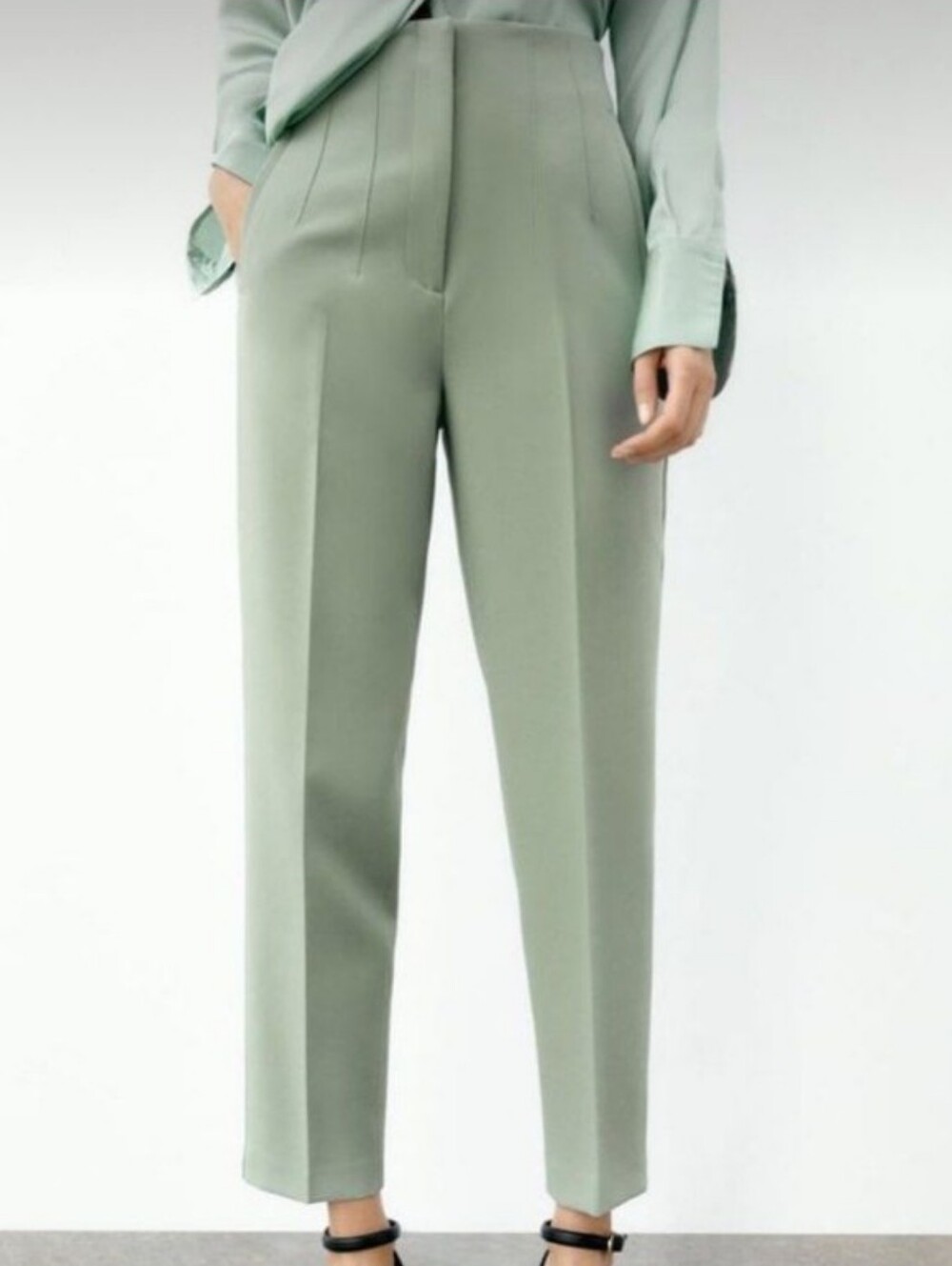 Zara High-Waist Tailored Ankle Pants - Sage Green Sz-L - Picture 8 of 8